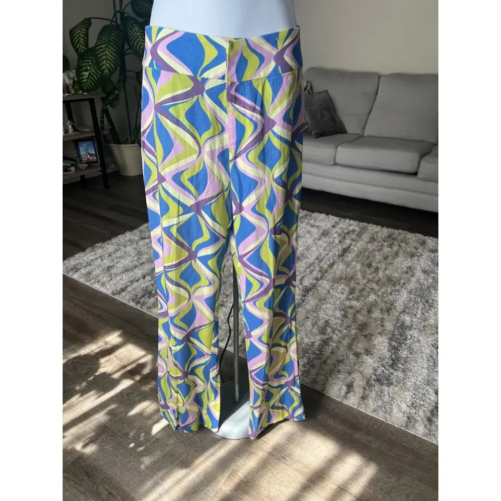 NWT Zara Linen Blend Flared High Rise Pants Multicolor Geometric Print Sz S #754